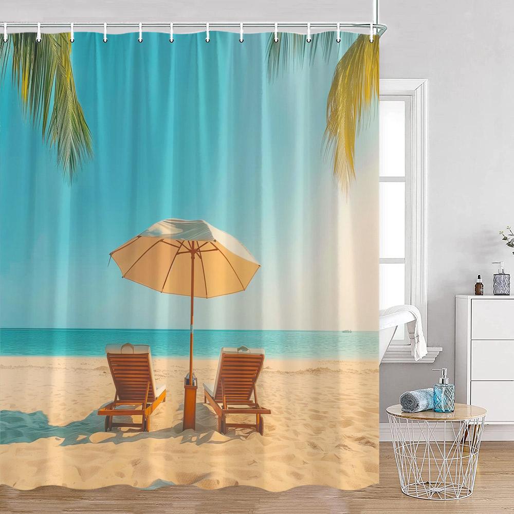 

Camping Surf Shower Curtains Summer Vacation Traveler RV Beach Coconut Trees Seaside Bathroom Decorations Retro Bath Curtrains 90x180cm-35x70in
