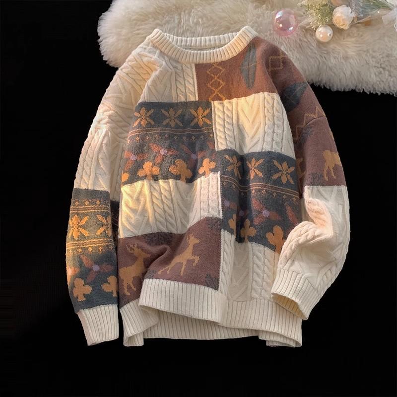 Vintage Patchwork Fried Dough Twists Round Neck Sweater Lovers Outfit Winter Port Style Graffiti Sweater Loose Pullover Lovers Knitwear Men and Women