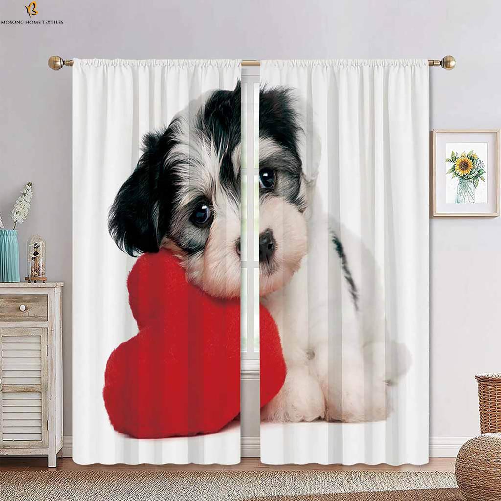Cartoon Animal Dog Stereo Printing Curtain Bedroom Living Room Dining Kids Decorative Curtains Set Of 2 Made Polyester With Rod Pocket Sitting Decor
