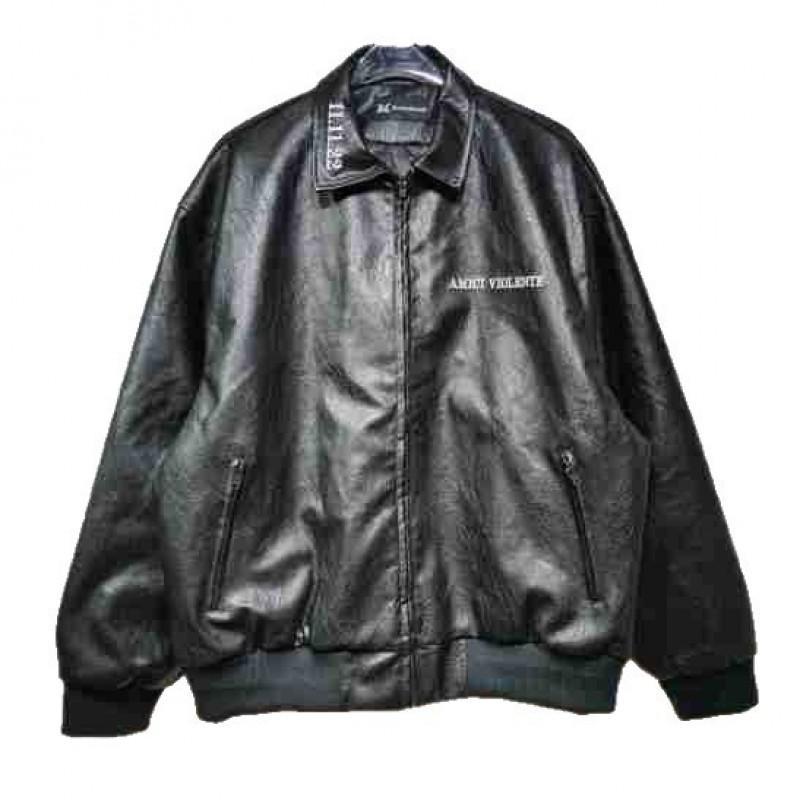 PU Leather Biker Jacket Mens Loose Fit Vintage Style Letter Embroidery Black