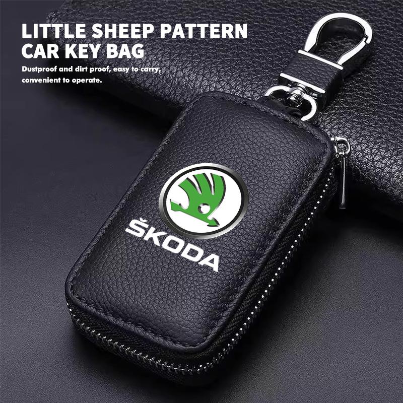 For Skoda Key Case Multifunctional Key Case Leather Keybag Zipper Keychain Wallet Rapid Octavia Derivative Enyaq-iV VisionS Yeti