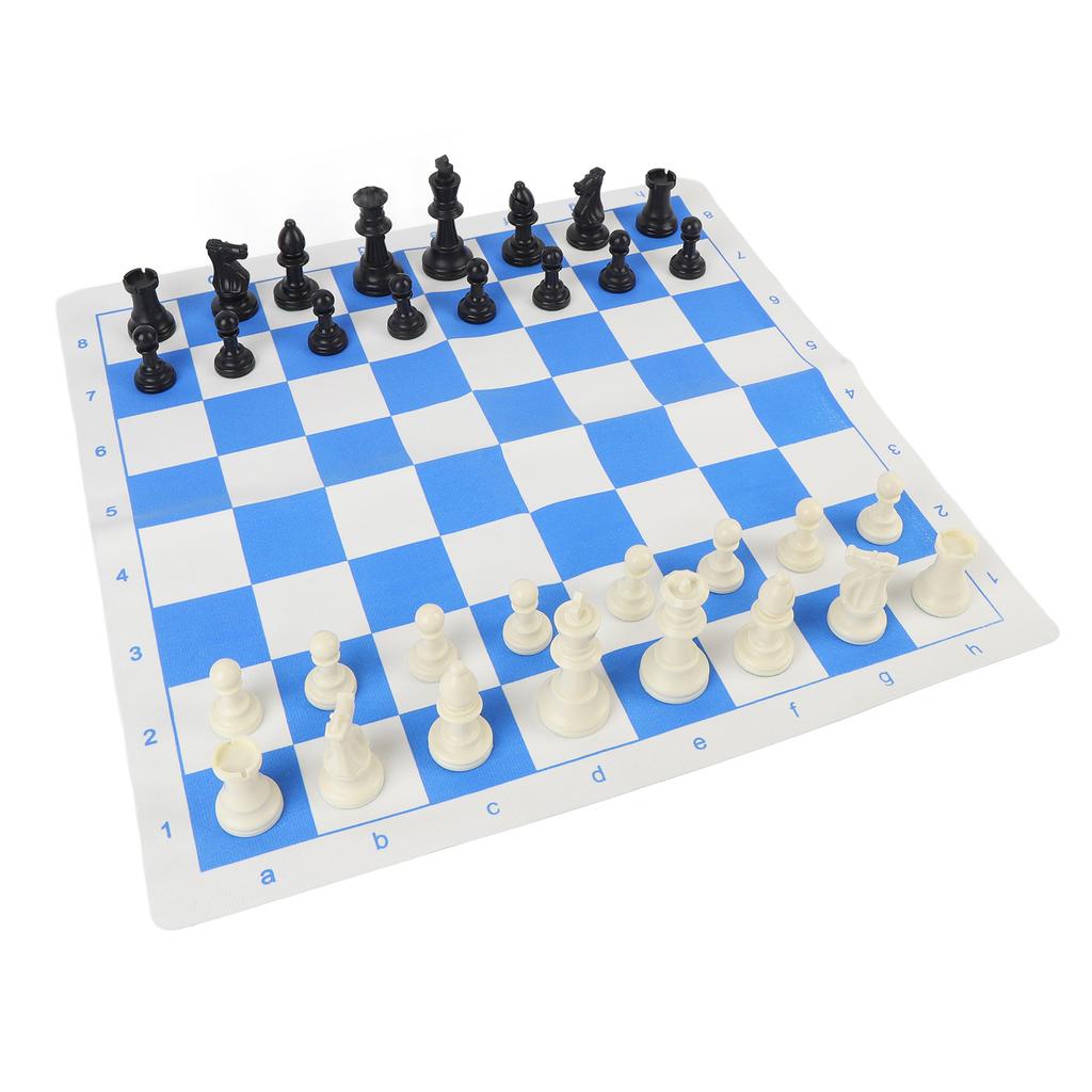 Internationales Schachspiel 95mm König Plastik Schachfiguren 50cm PU Leder Blau Weiß Gitterbrett mit