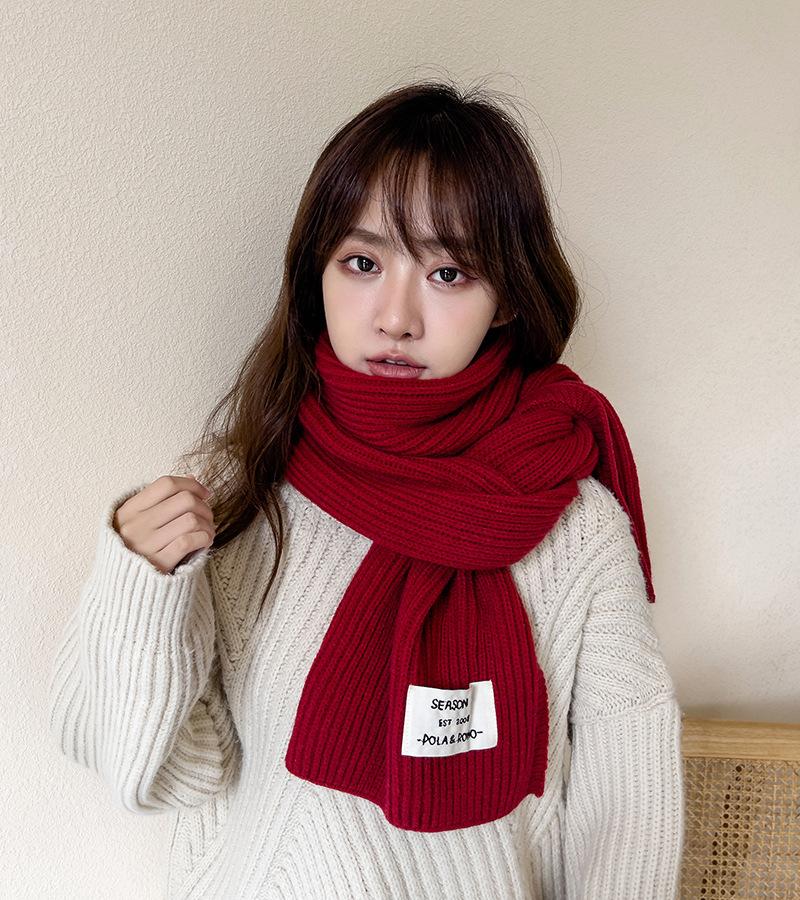 Autumn and winter versatile warm solid color knitted scarf female Korean version student red advanced sense thickened couple wool scarf