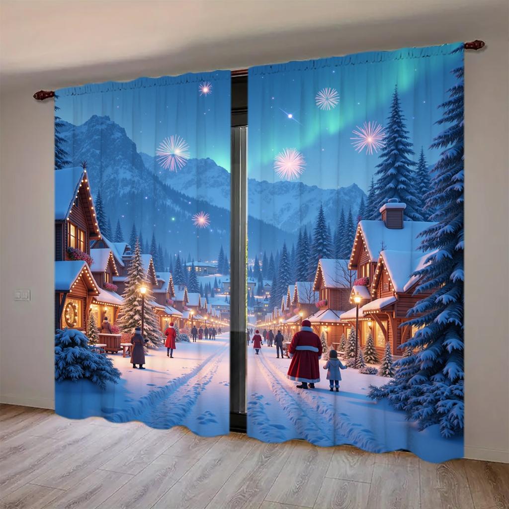 2pcs Christmas Snow Scenery Printed Curtain for Christmas Home Decor - Rod Pocket Window Treatment for Bedroom, Office, Kitchen