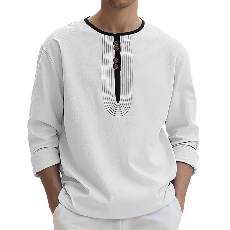 

Loose Fit Long Sleeve Linen Casual T-Shirt Henry Collar Solid Color Sportswear for Men Comfortable Breathable Spring Autumn S белый