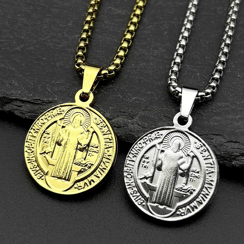 Catholic Saint Benedict Medal Stainless Steel Pendant Necklace for Women Men Gold Color San Benito Chain Necklace Amulet Jewelry