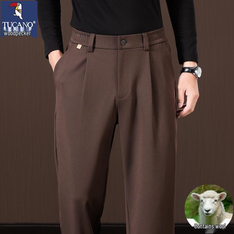 Woodpecker Men's Elastic Waist Wool Trousers - Loose Wide-Leg Casual Pants for Spring & Autumn