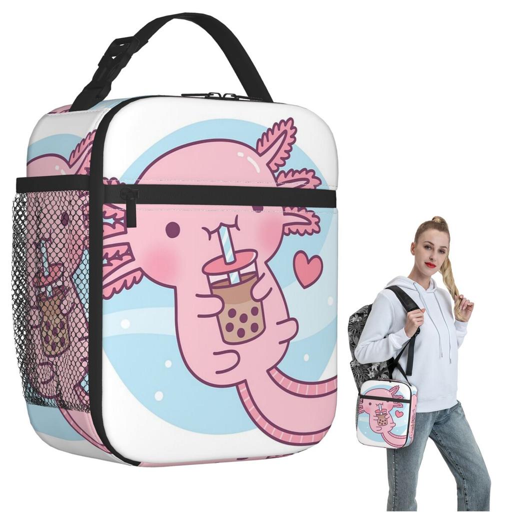 Niedliche isolierte Lunchtasche mit Axolotl-Milchtee-Print für Frauen und Kinder, tragbare Lebensmittelbox, Thermotasche