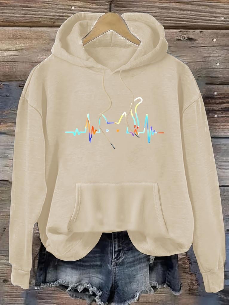 Women's autumn and winter casual loose warm personalized cat pattern printed suede long sleeved hooded sweatshirt