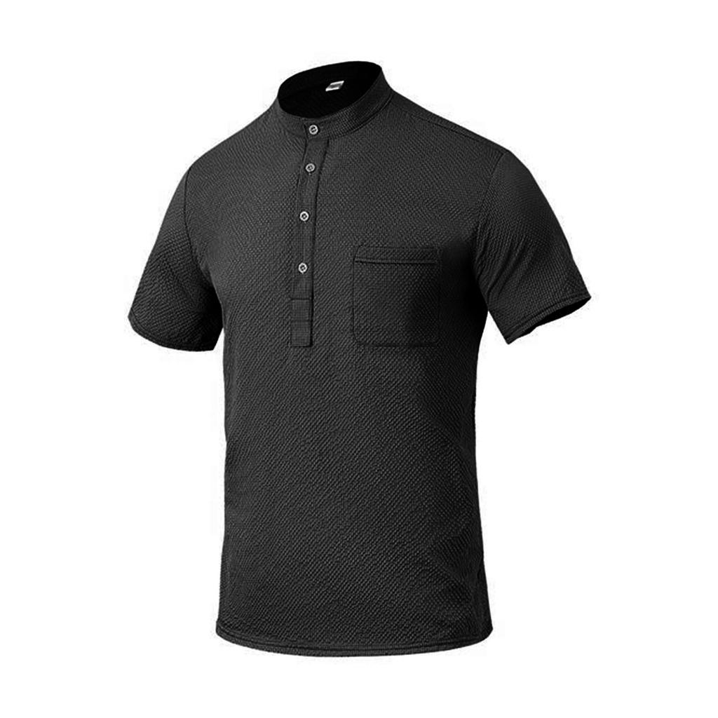 Men's Casual Fashionable -color Single-pocket Short-sleeved T-shirt - Men's Checkered Texture Stand-up Collar Short-sleeved T-shirt