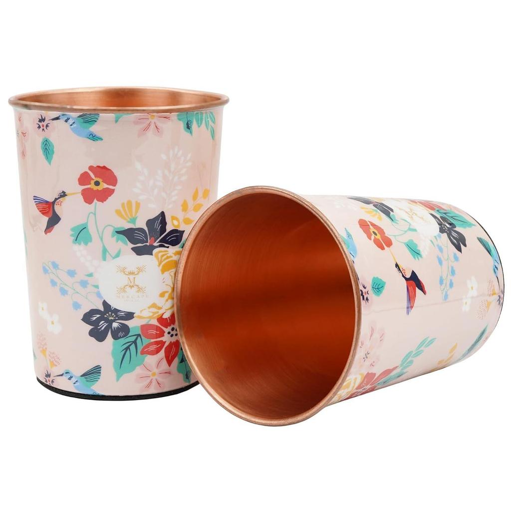 India Copper Premium Pink Gold Leaf Design Set of Two Glass with Elegant Gift Box, 250 MLPure Copper Glasses Set of 2 | Designer Meena Print