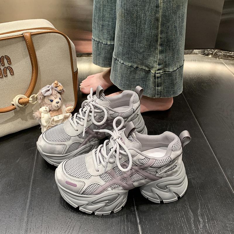 European Station Thick-soled Heightening Dad Shoes Women's 2025 Autumn New Comfortable Mesh Breathable Versatile Casual Sports Shoes