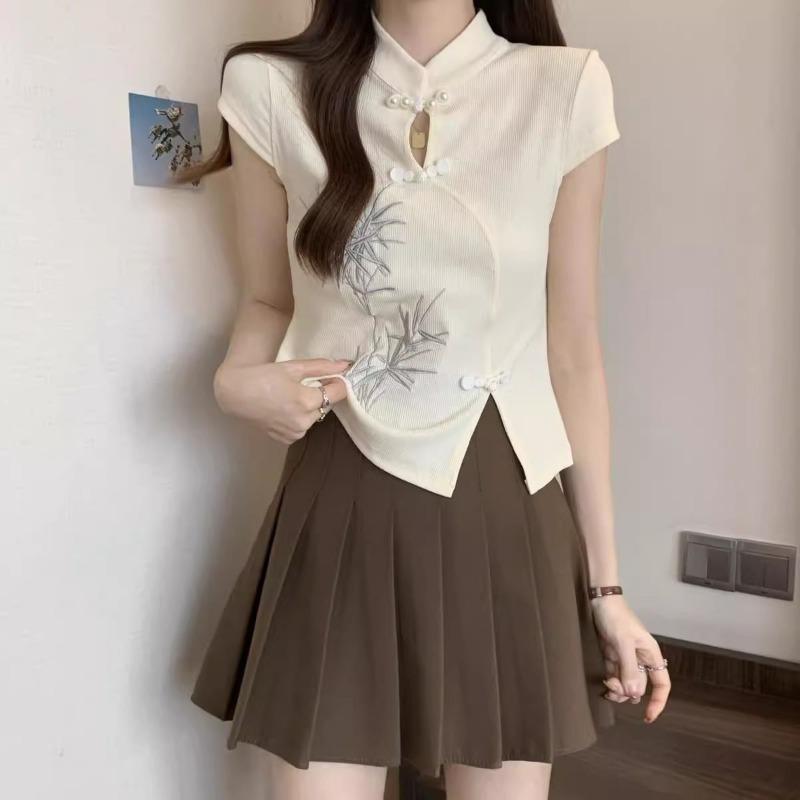 Top da donna in bambù ricamato stile qipao manica corta colletto alla mandarino spacco laterale casual aderente maglia blusa