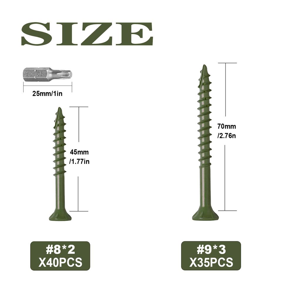 75 Pieces Green Screws, Self Tapping Screws Wood Screws, Countersunk Smooth Shank, #9*3/#8*2 Home Improvement Best Choice