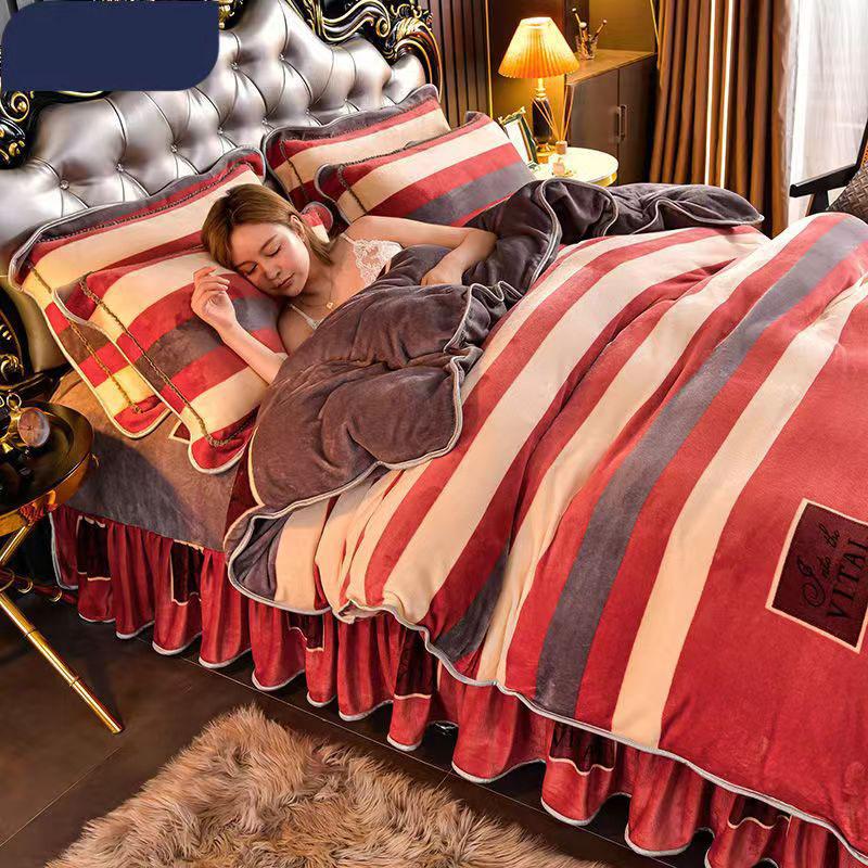 King Size/Queen Size/Twin Size Winter Milk Fleece Postýlka Sukně Povlak na polštář Povlak na polštář Čtyřdílná sada Zahuštění Teplé Jednoduché povlečení Vysoká kvalita