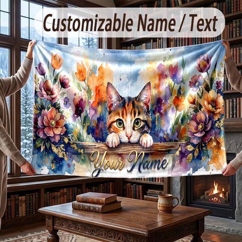 Cat Theme Throw Blanket Custom Name Text Personalized Blanket Soft Cozy Blanket for Home Sofa Bed