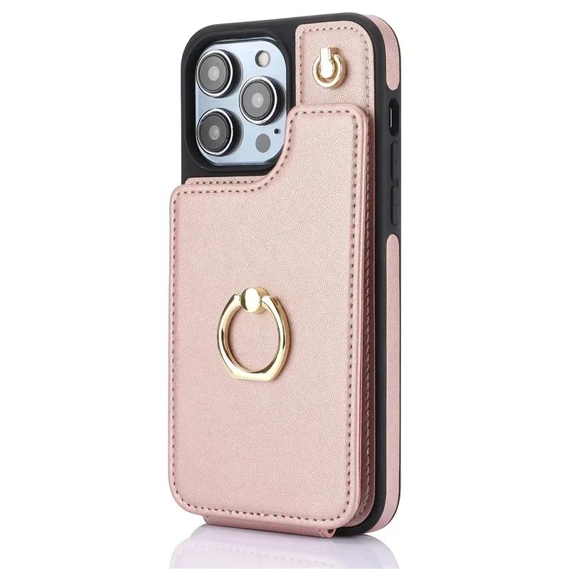 Ring Crossbody Leather Wallet Card Solt Phone Case for iPhone 16E 16 Pro Max 15 14 Plus 13 12 11 X SE 2022 Flip Purse Cover Bag