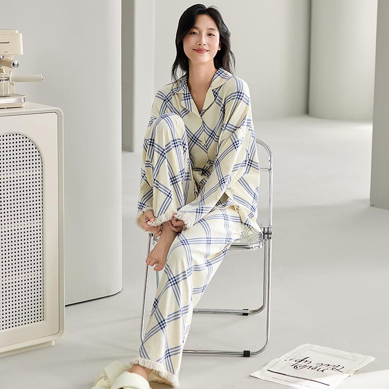 

Женский пижамный комплект из облачного хлопка с длинным рукавом и нагрудными вкладышами - Весенне-осенняя одежда Medium