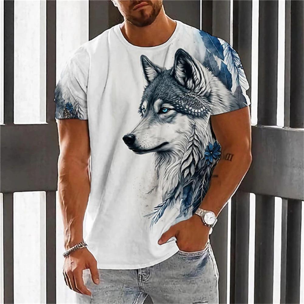 New Fashion Men's Crew Neck Short Sleeve T-Shirt with 3D Wolf and Dragon Print, Men's Casual Sports Streetwear Top
