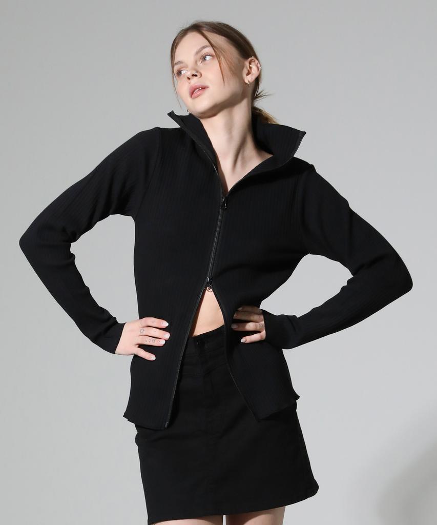 REEMNIK High-Neck Two-Way Zip-Up Ribbed Knit Top [Black]