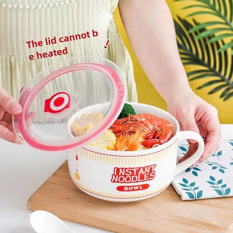 Ceramic Creative Large Capacity Ramen Bowl Soup Bowl with Lid Salad Bowl Kitchen Camping Supplies Two Sizes with Handles