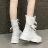 8CM Women Chunky Mid-Calf Boots New 2025 Autumn Winter Buckle Canvas Punk Shoes High Platform Motorcycle Boots Leather Sneakers