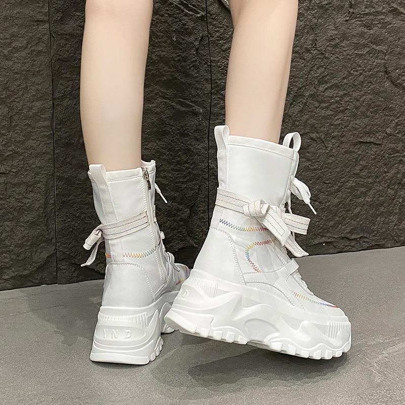 8CM Women Chunky Mid-Calf Boots New 2025 Autumn Winter Buckle Canvas Punk Shoes High Platform Motorcycle Boots Leather Sneakers