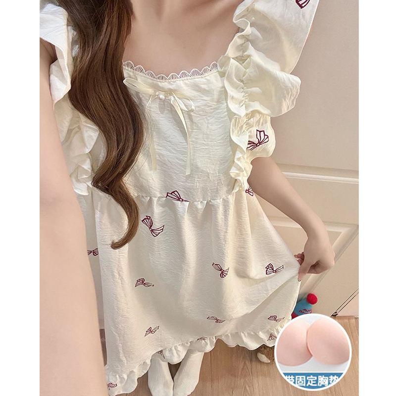 Baumwoll-Sommer-Kurzarm-Nachthemd-Pyjama für Damen mit Brustpolstern, niedlicher Cartoon, süß, kann draußen getragen werden, Loungewear-Rock für Damen