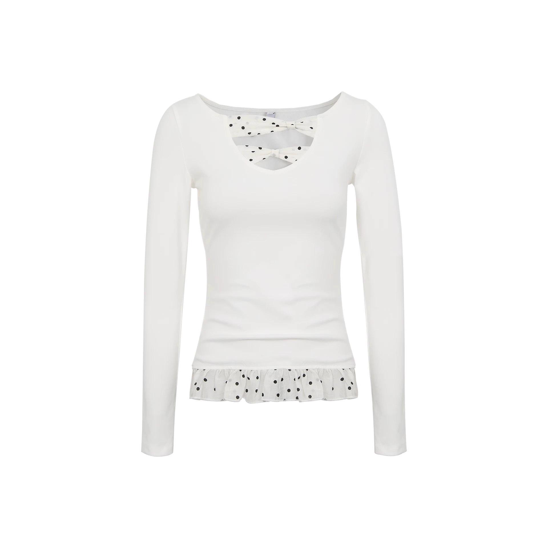 Spring & Autumn Slim-Fit Polka Dot Bowknot Cutout Long Sleeve T-shirt Large белый