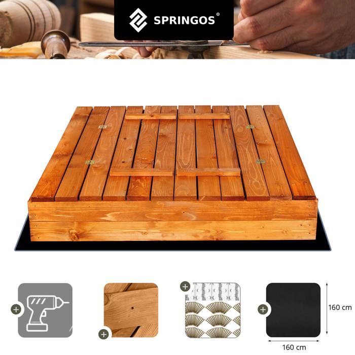 Holz-Sandkasten - SPRINGOS - 2026 - 120x120 cm - Imprägniertes Massivholz - Klappbare Bänke/Abdeckung