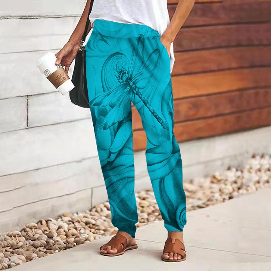 Dámské retro potištěné kalhoty se šněrováním v pase s gumou, volné kalhoty, ležérní dlouhé kalhoty s kapsami