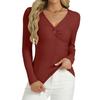 Women's Fashion Twisted V-Neck Slim T-Shirt Long Sleeve Pullover Solid Colour Top