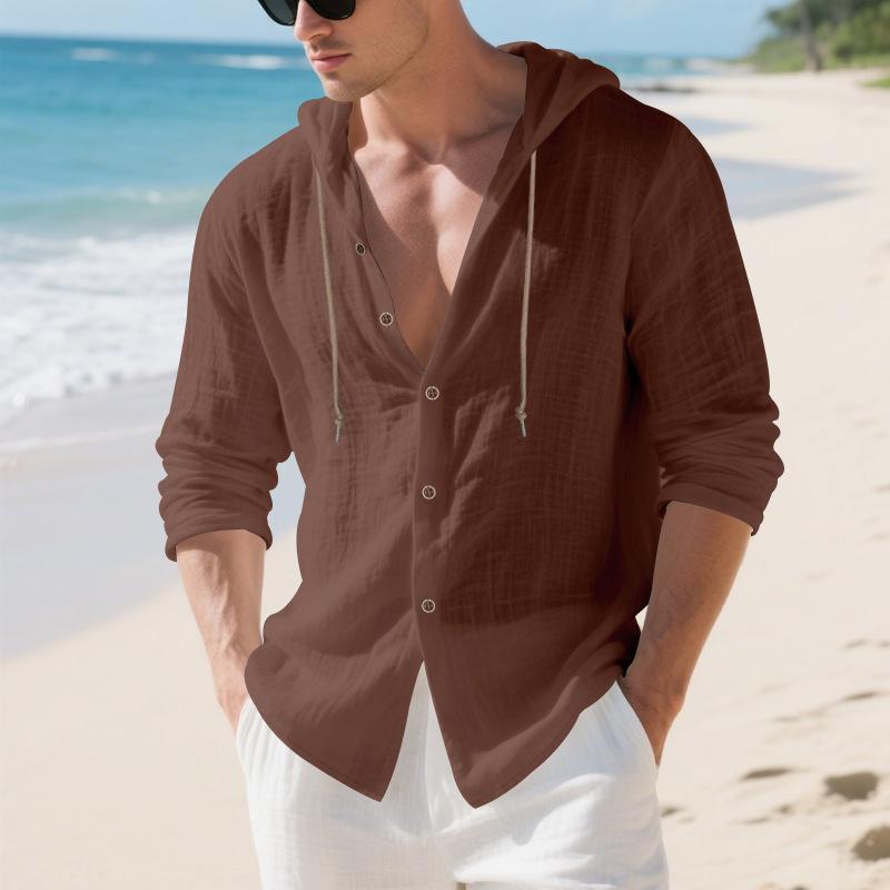 Oversized Shirt - Spring/Autumn Loose-Fit Solid-Colour Linen Men's Casual Long-Sleeved Hooded Cardigan