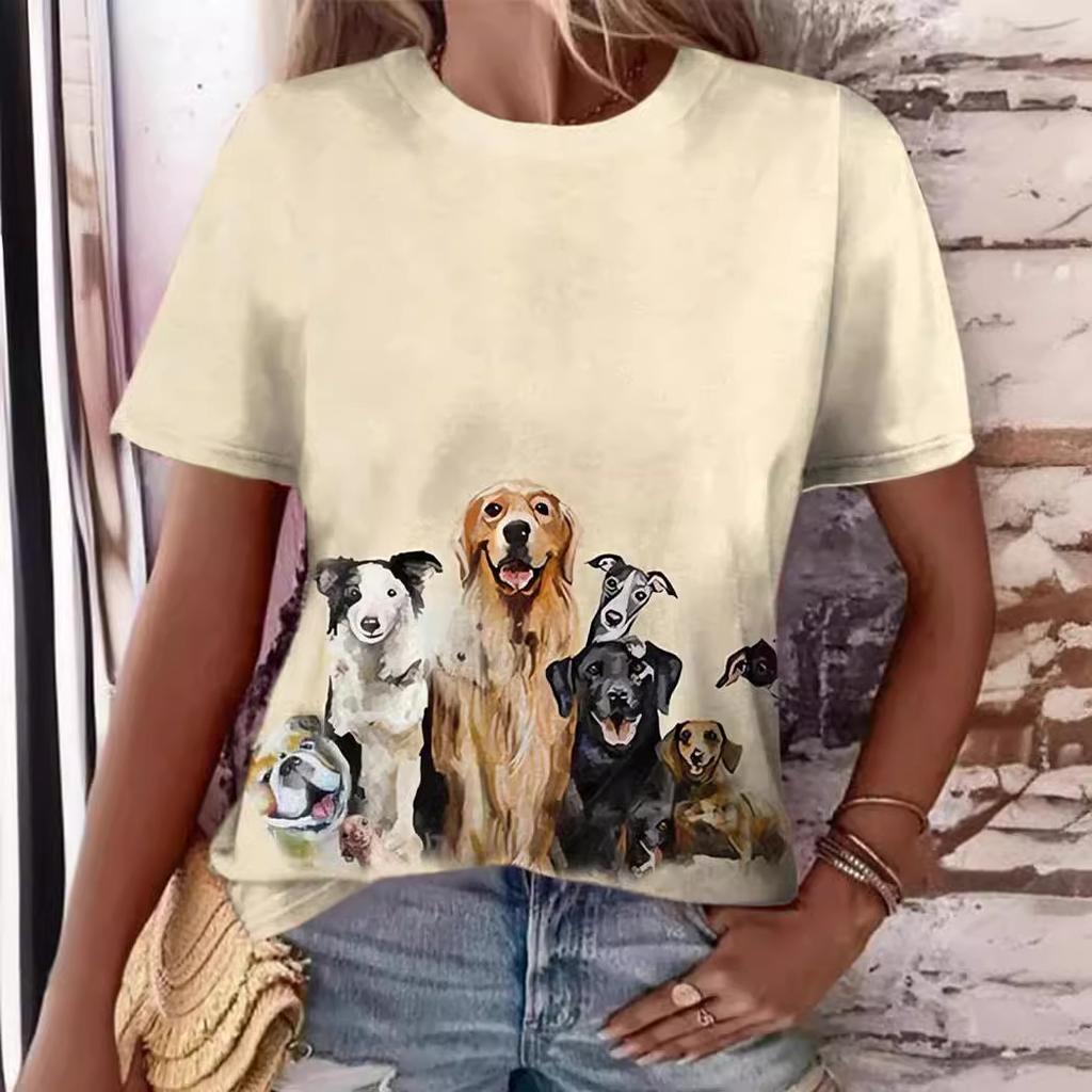 Summer Round Neck 3D Cute Cat and Dog Print Top Fashionable Casual Short Sleeved Women's T-shirts