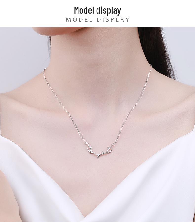 S925 Sterling Silver Reindeer Antler Pendant Necklace - Minimalist Christmas Jewelry for Women