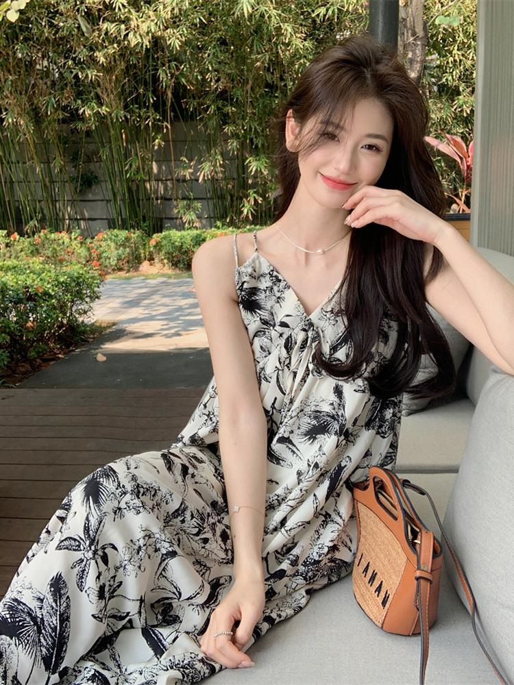 New French suspender ink painting floral beach dress women's summer outer wear texture temperament