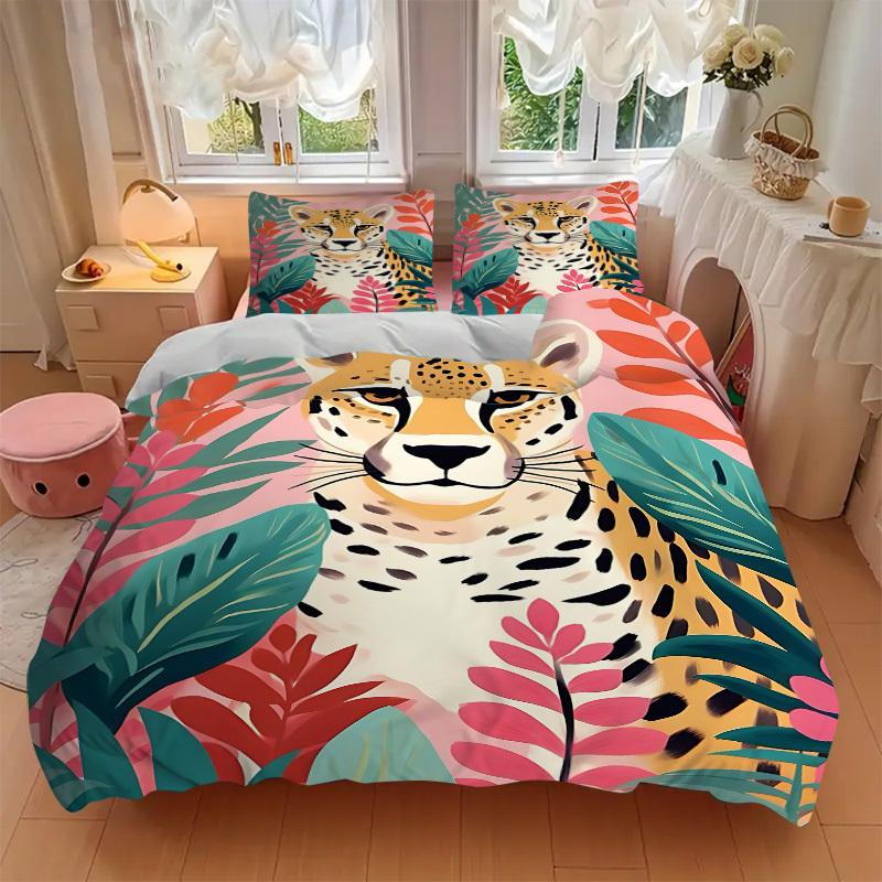 3PCs Cheetah Print Design Cover Set, Breathable Fabric, Machine Washable (1 Duvet Cover + 2 Pillowcases) (Without Quilt) yy250911163