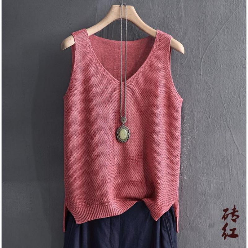 

Летние вязаные свободные топы на бретельках большого размера, жилет для женщин, футболка без рукавов с v-образным вырезом, элегантная модная женская майка 220 One Size красный