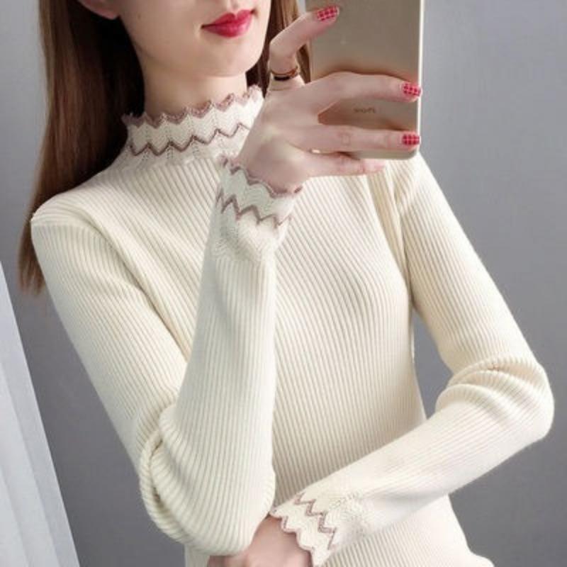 

Autumn Winter Semi High Neck Base Layer Sweater Women Long Sleeve Slim Fit Knit Top One Size абрикосовый
