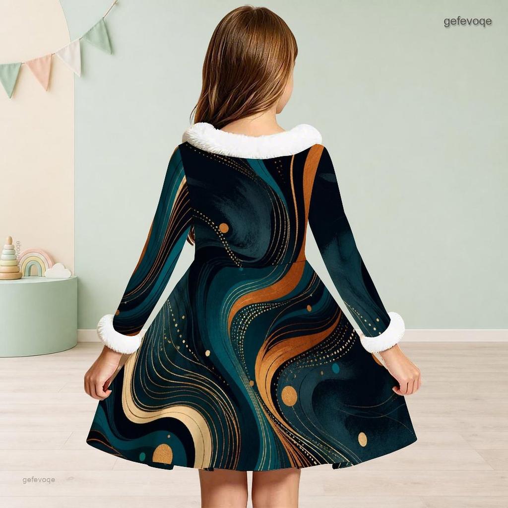 Girls Furry Collar Long Sleeve Galaxy Printed A Line Flared Dress