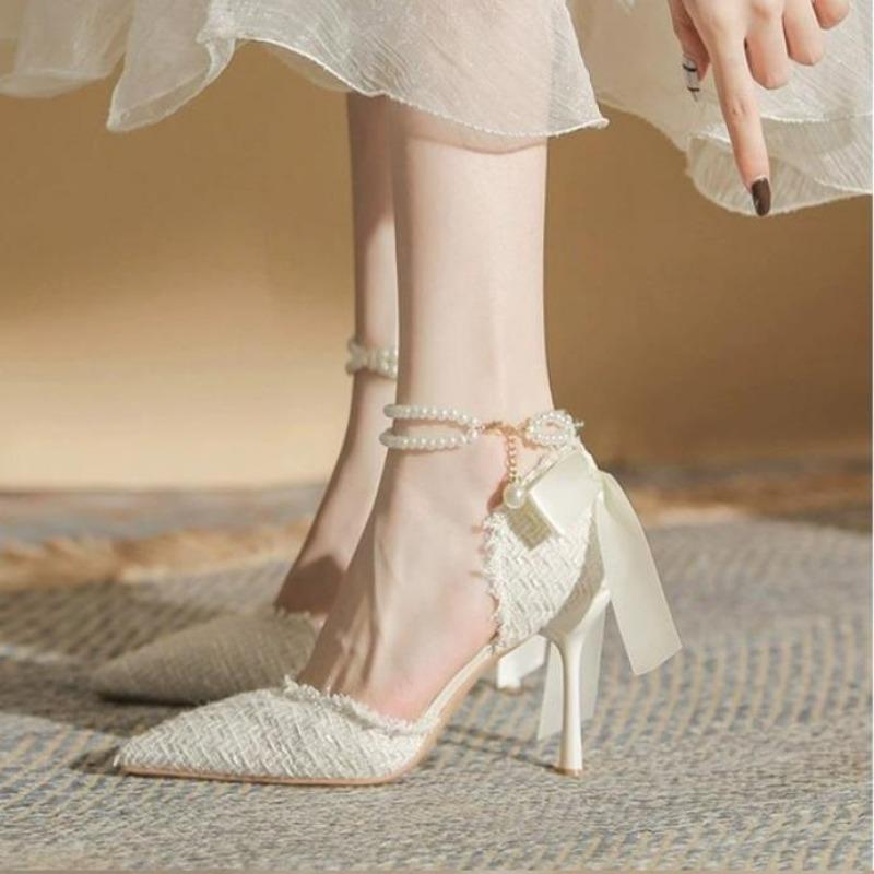 

New White Women Thin Heel Hollow Sandals Woman Pearl Butterfly Pointed Toe High Heels Womens Shoe High Heel Pumps Wedding Shoes