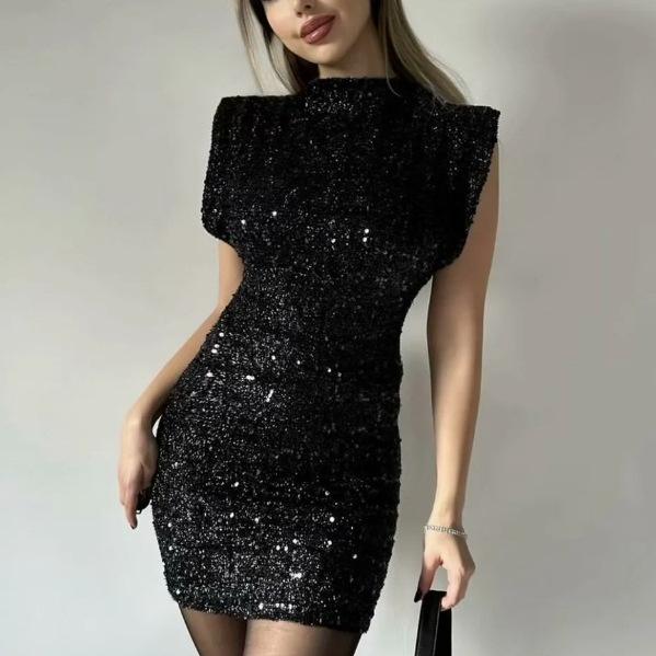 Paillette Silver Party Dress Women Sexy O-neck Short Sleeve Mini Bodycon Hip Package Dresses Fashion