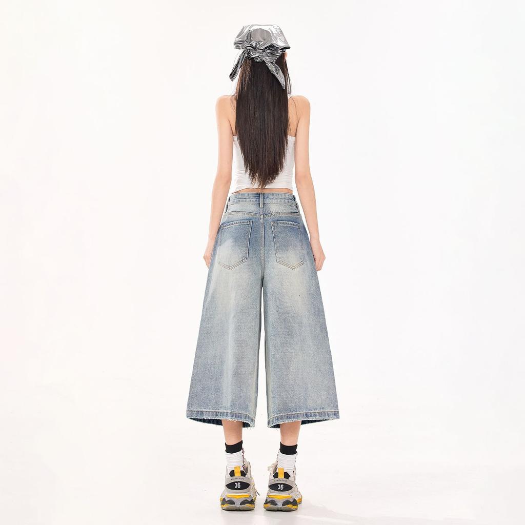 Fashion Summer Vintage Washed Distressed Loose Cropped Capri Denim Pants For Women Trendy Versatile Loose Straight Slimming AllMatch Casual Bottoms