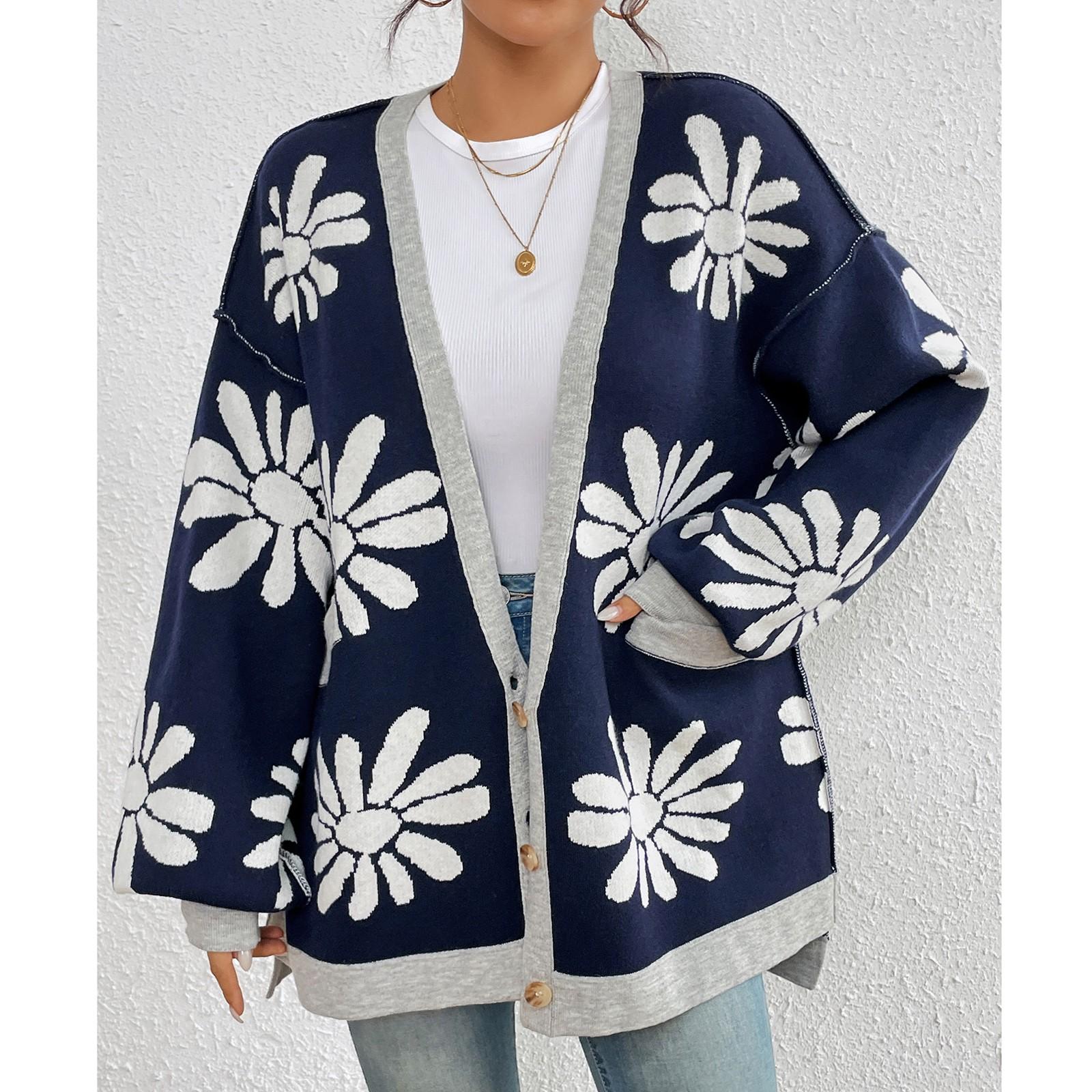 

Women s Loose Casual Long Sleeved Knitted Cardigan Sweater Jacket Fashionable Jacket S темно-синий