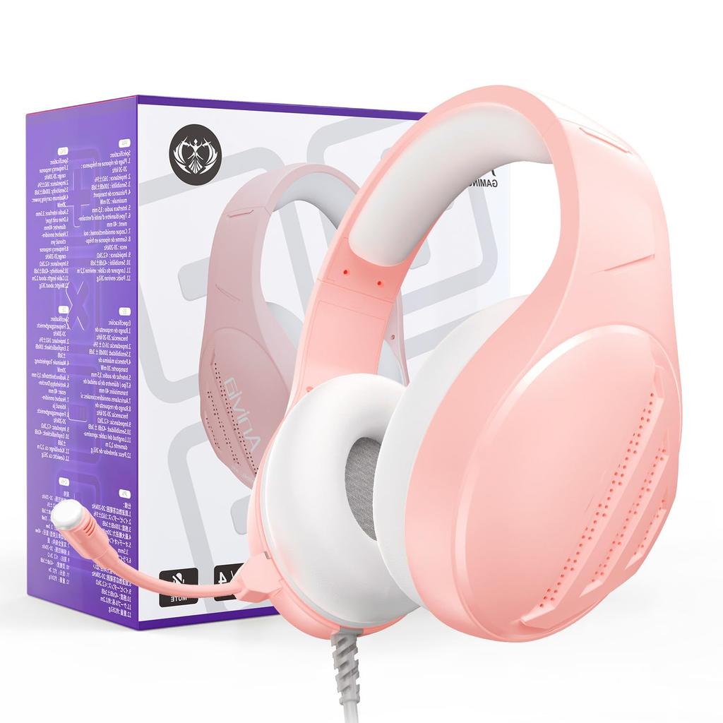 Rosa Katzenohren-Gaming-Headset mit Kabel und Mikrofon für verbesserte Geräusche, kompatibel mit Xbox und PS4 Kopfhörern, PS5, Bass, 3,5-mm-Anschluss, Reduzierung,