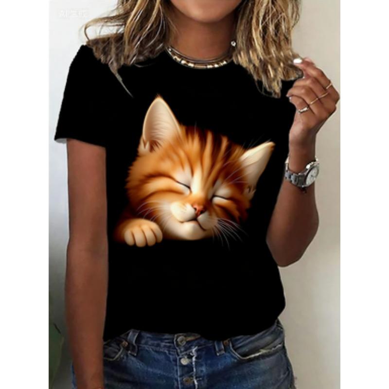 3D Cat Print T-shirt Women's Round Neck Short Sleeve Spring and Autumn Casual and Versatile