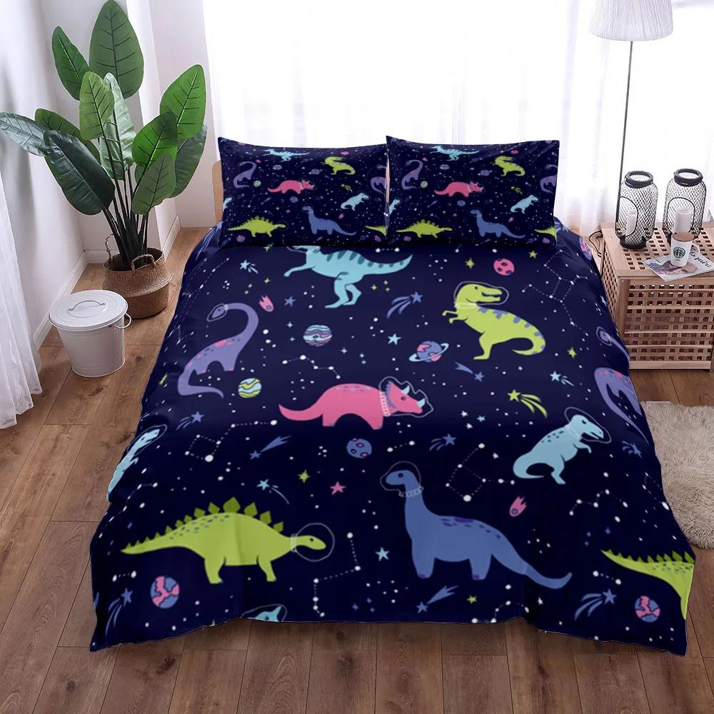 3D Dinosaur Space Night Duvet Cover Set King Queen Double Full Twin Single Size Navy Blue Bedding