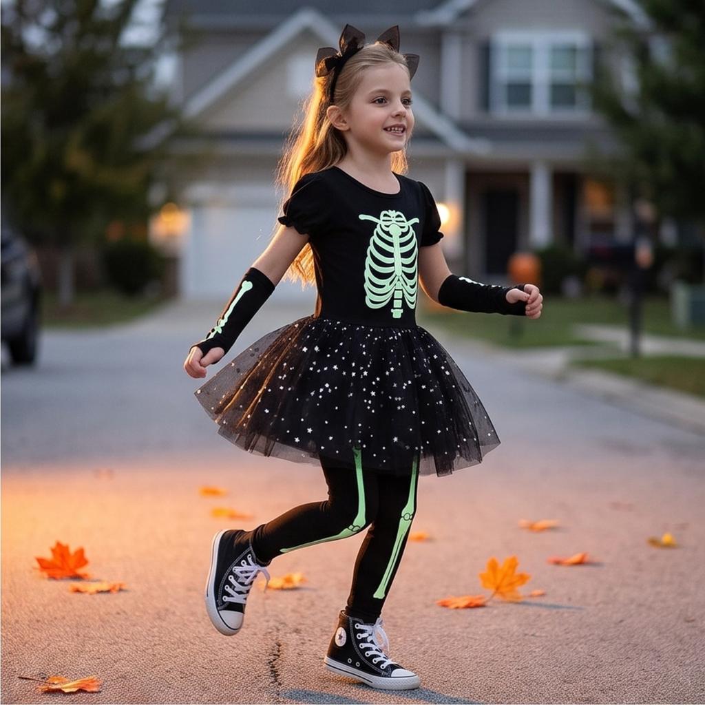 Girls Halloween Costume in the Dark Skeleton Outfit Set with Devil and Theme for Cosplay Party