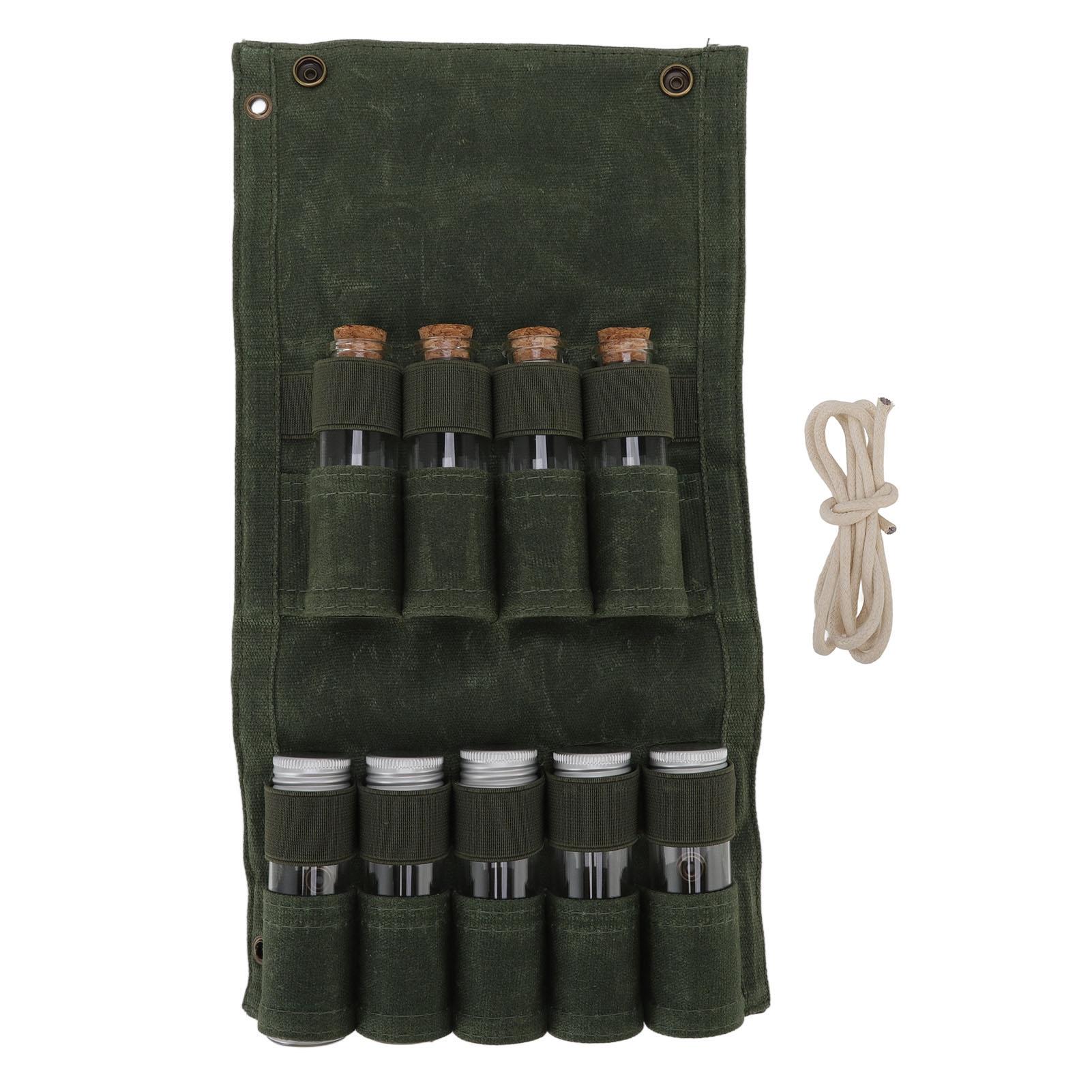 

Сумка для бутылочек со специями из влагостойкого вощеного холста, портативная сумка для хранения приправ с 9 стеклянными бутылочками для приправ для улицы OD Green