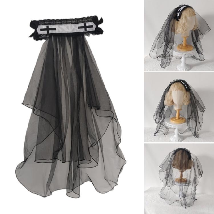 Black Mantilla Veil Crucifix Hairband Head Veil Church Mantilla Veil for Wedding Dark Series Cosplay Costume Headpiece